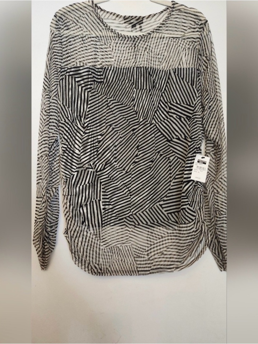 DKNY Black & White Geometric Stripe Sheer Blouse